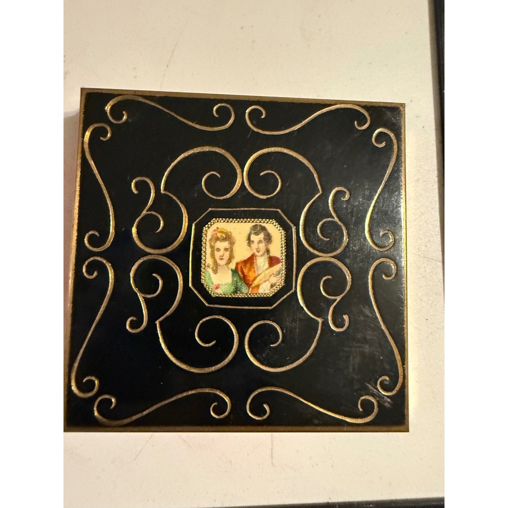 Volupté Black Enamel Gold Filigree Portrait Square Powder Compact LeakProof